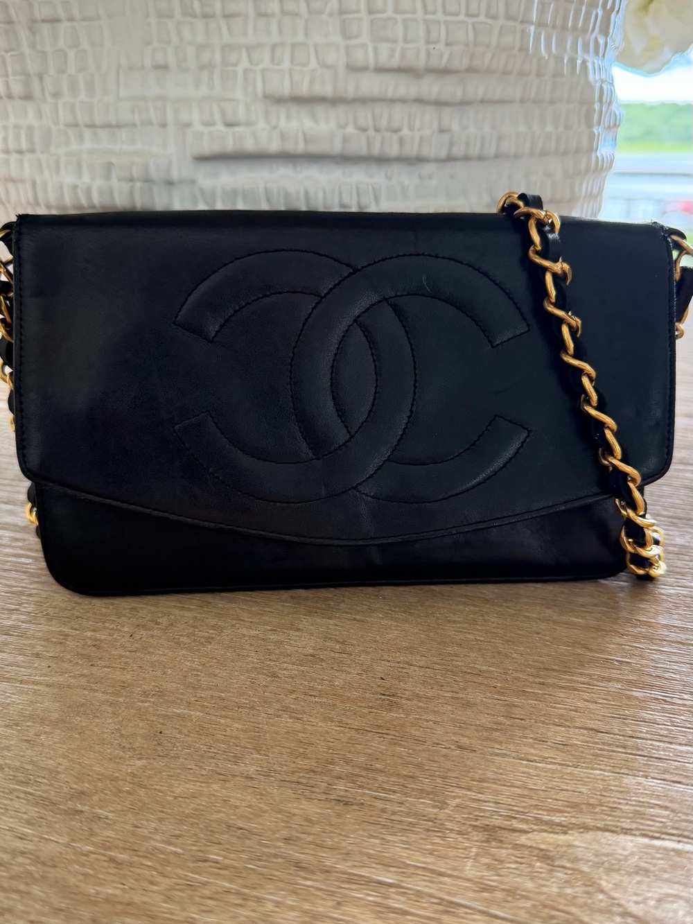 CHANEL Black Leather Crossbody Bag with Gold Chain